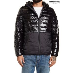 KENNETH COLE MEN NWT HOODED MIDWEIGHT QUILTED ZIP SHINY BLACK JACKET. SIZE M